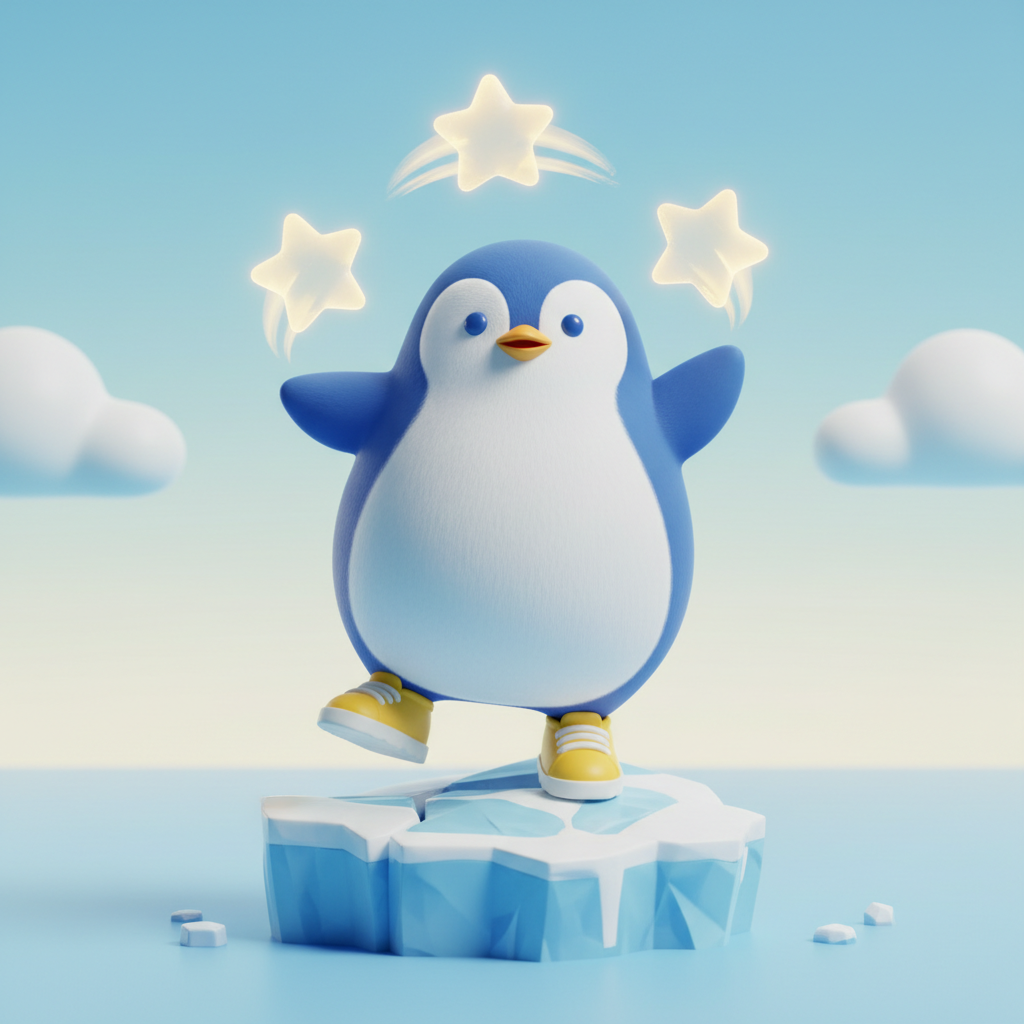 A blue penguin wearing yellow sneakers and juggling stars on an iceberg.
