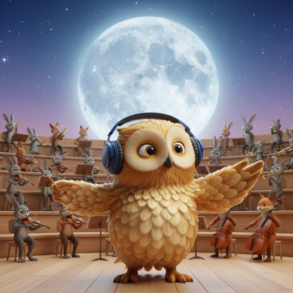 A golden owl wearing headphones and conducting an orchestra under a full moon.