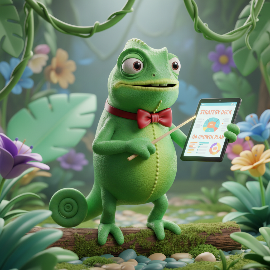 A green chameleon wearing a bow tie and presenting a strategy deck in the jungle.
