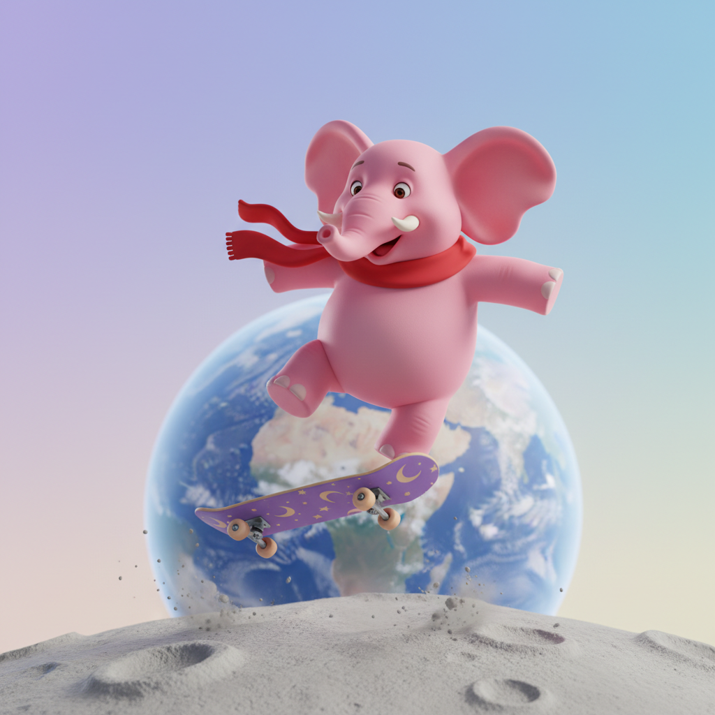 A pink elephant wearing a red scarf and doing skateboard tricks on the moon.