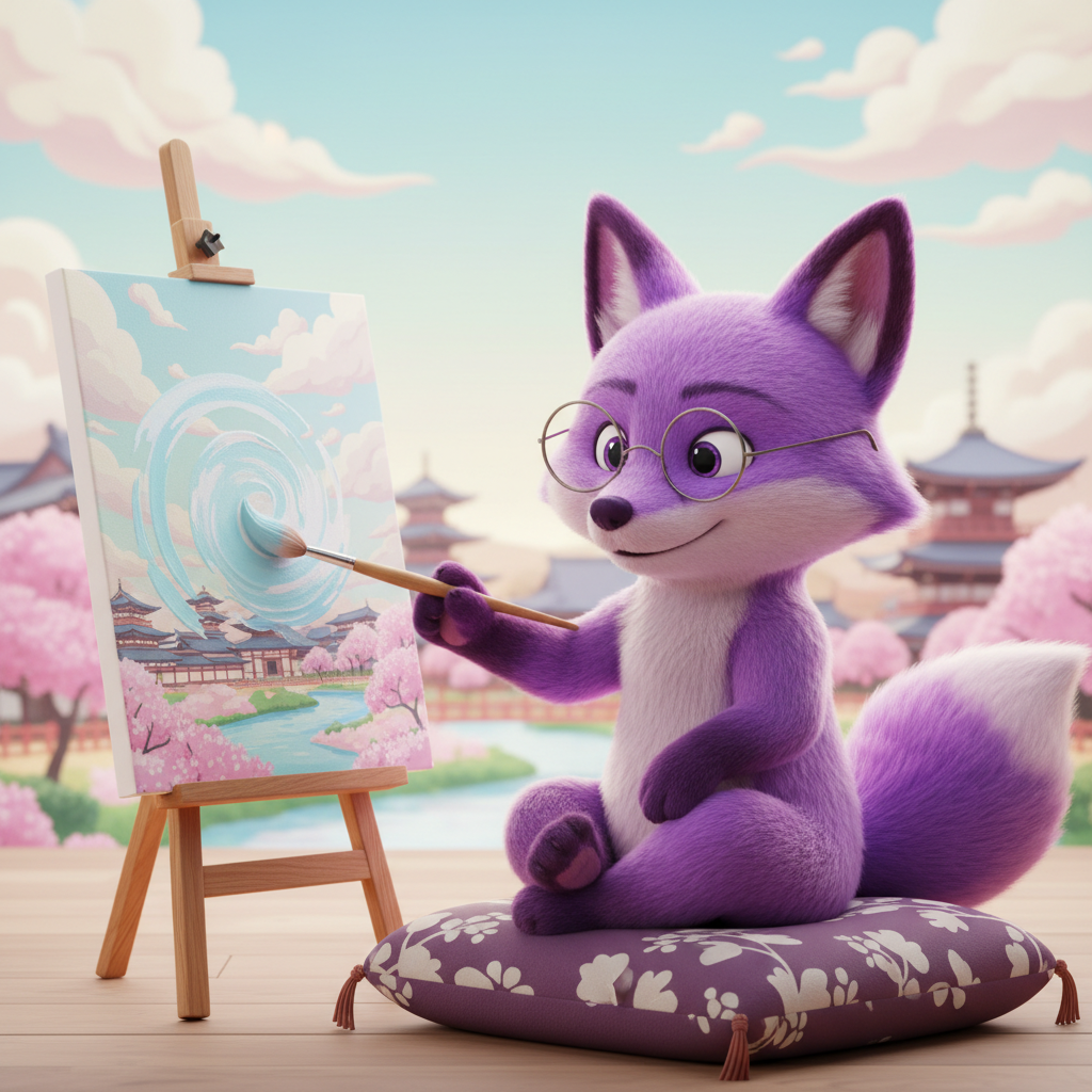 A purple fox wearing round glasses and painting clouds in Kyoto.