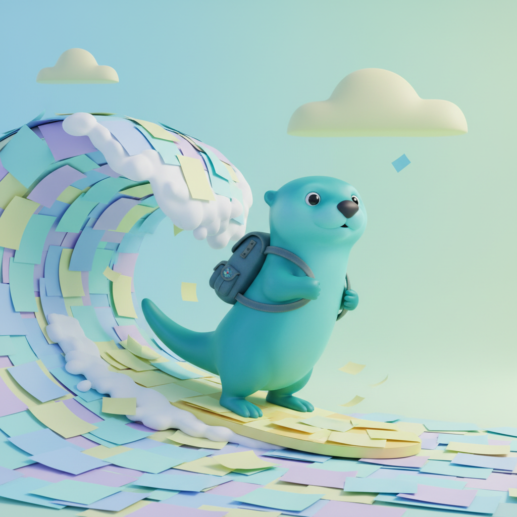 A turquoise otter wearing a tiny backpack and surfing on sticky notes.