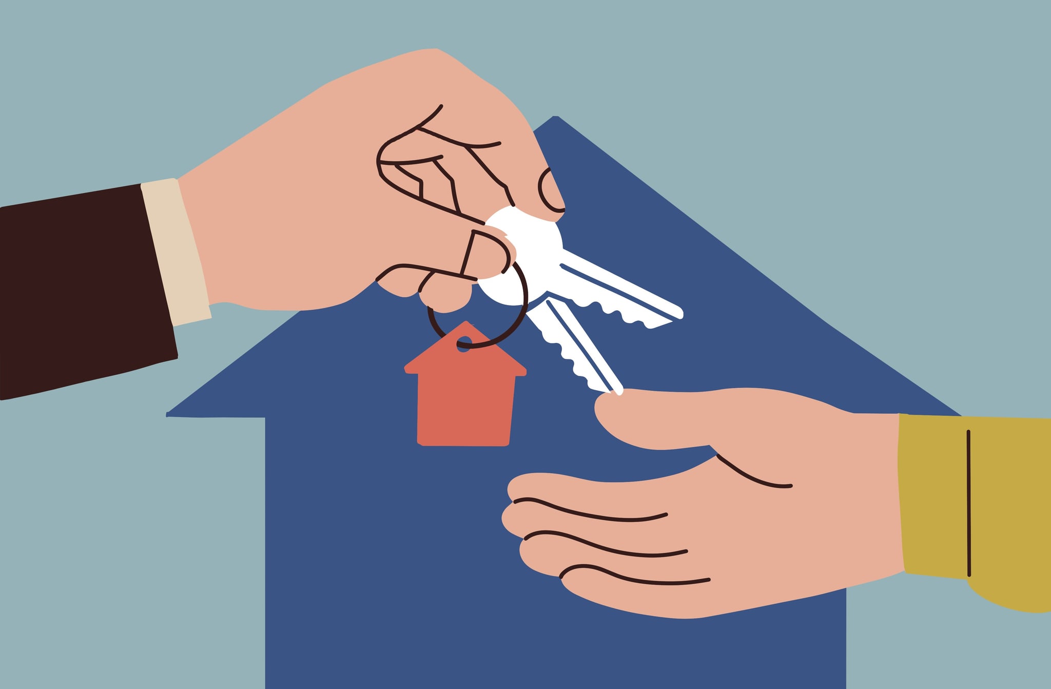 Two hands exchanging keys with a house-shaped keychain.