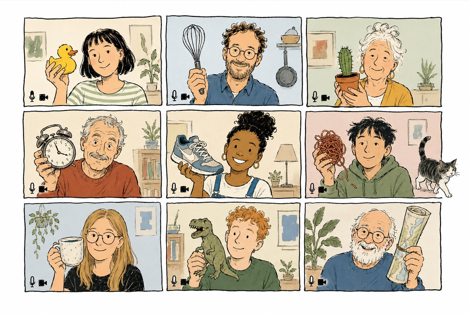 Illustration of nine remote workshop participants each holding an object up to their camera.
