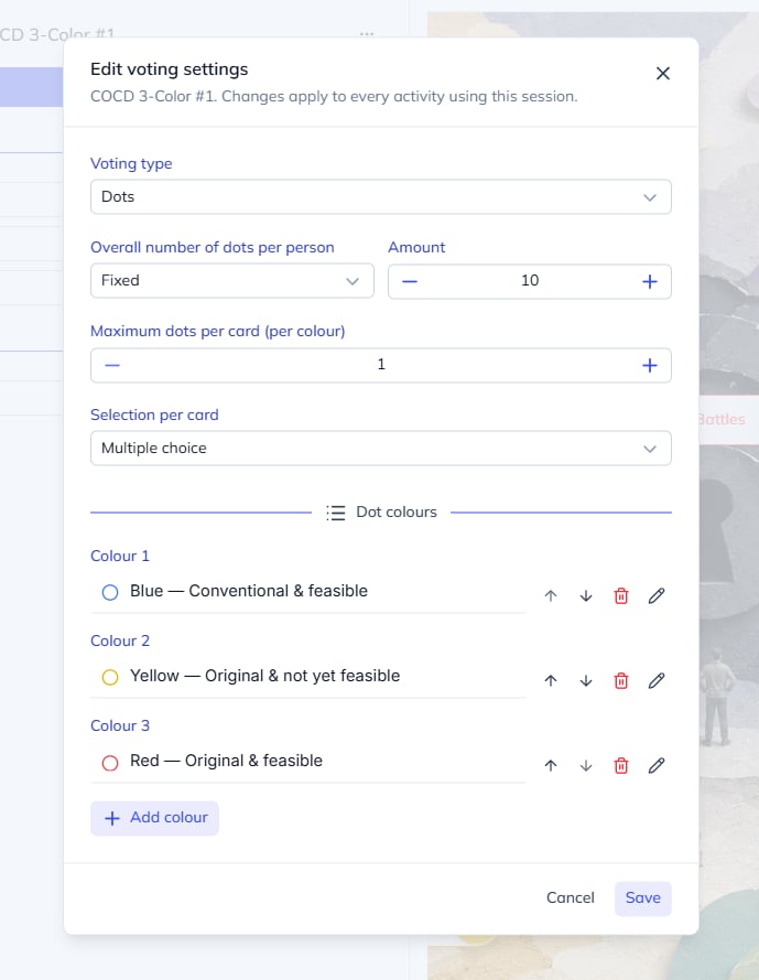 Custom voting settings with allowances and three colour choices to assess ideas by originality and feasibility.