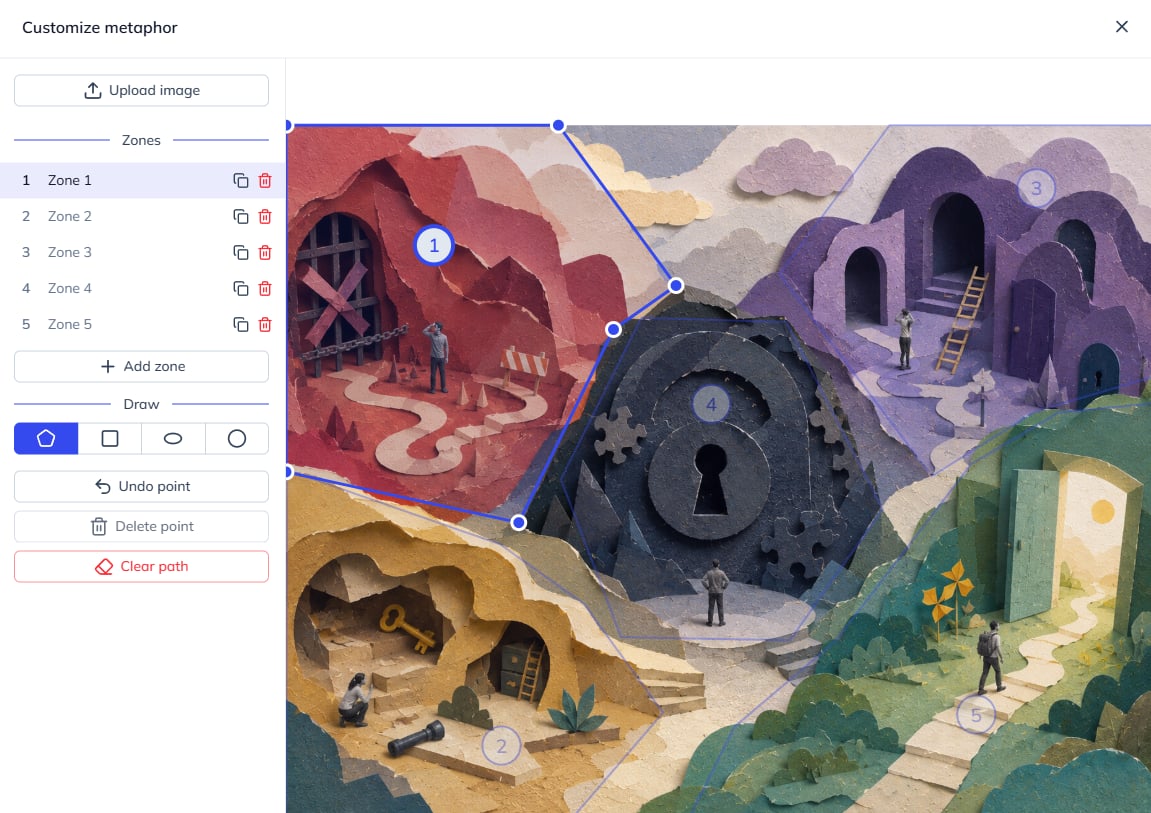 Editing interactive zones on an image in Stormz, with polygon handles and controls for adding and drawing zones.