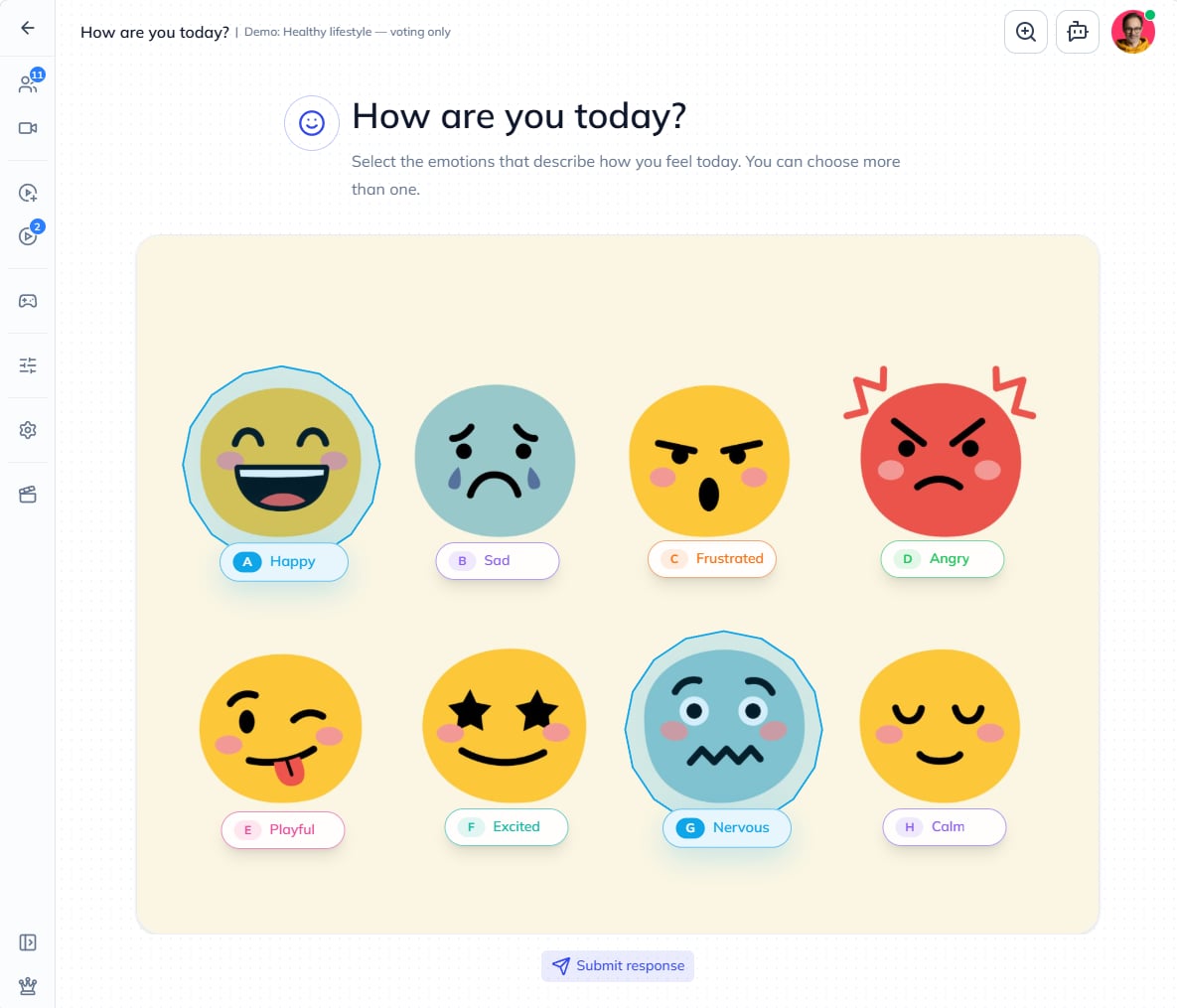 A visual mood poll with eight illustrated emotions, with Happy and Nervous selected.