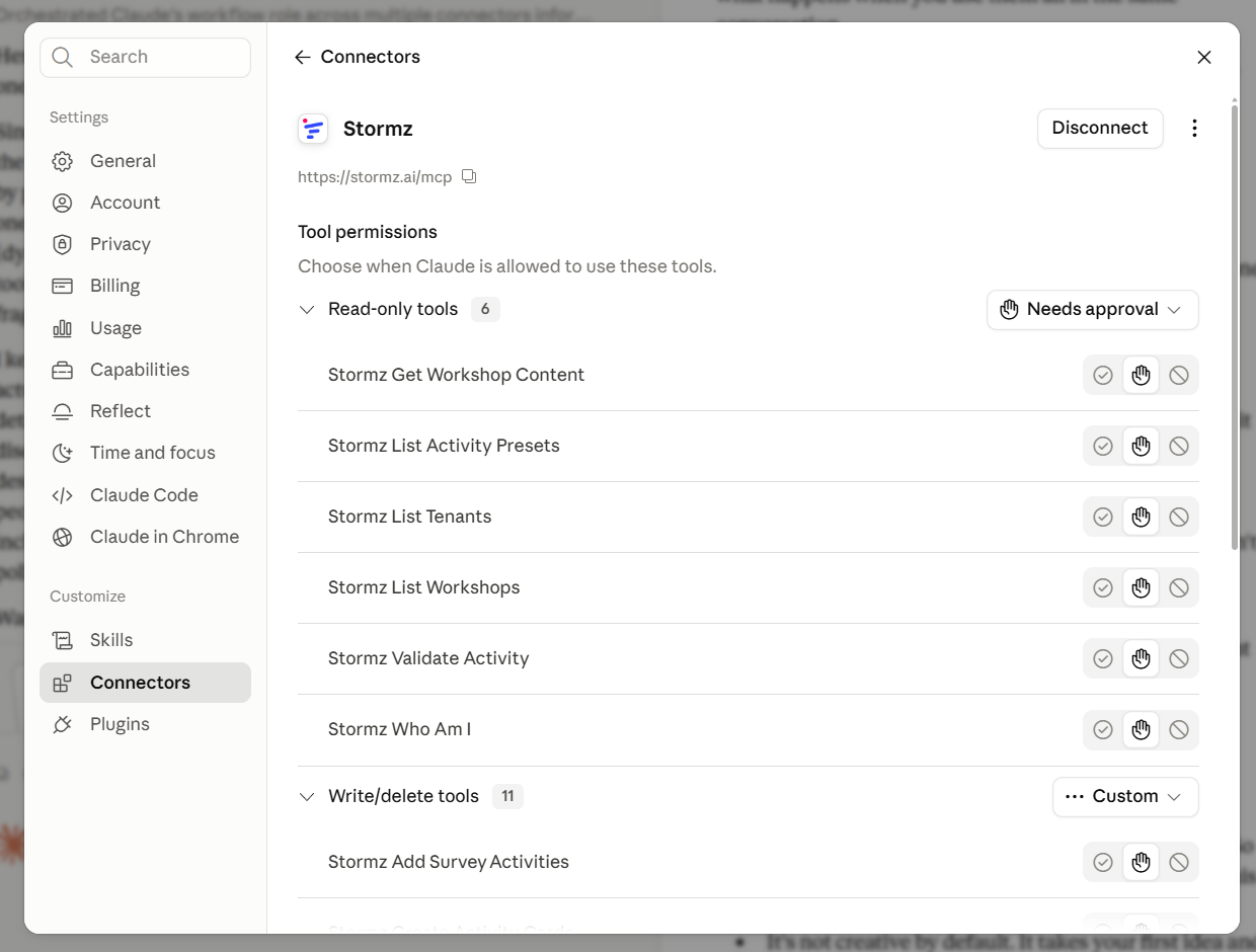 The installed Stormz connector and its tool permissions in Claude AI.