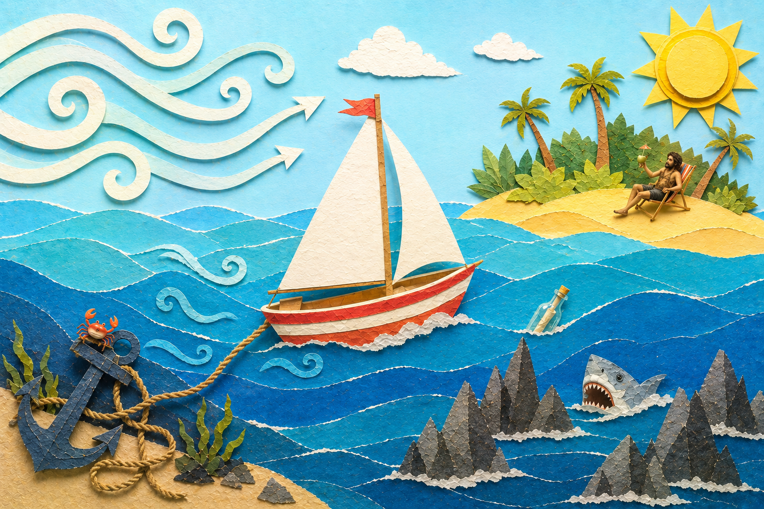 Sailboat retrospective with wind, anchors, rocks, and an island